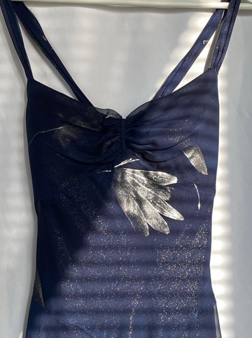 Charming Print Floral A Line Spaghetti Strap Navy Blue Chiffon Homecoming Dress Party Dress HZ1023